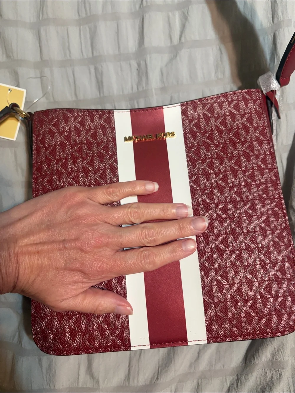 Michael Kors Burgundy and White Signature Stripe Crossbody Bag